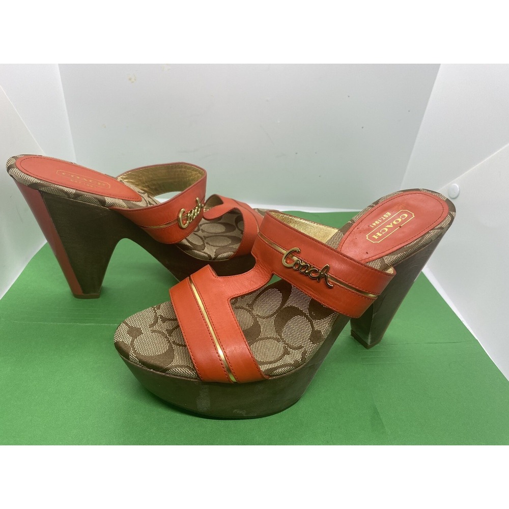 Coach Jonah Orange Leather Signature Wood Wedge Sandals Womens 8 F2370/J08